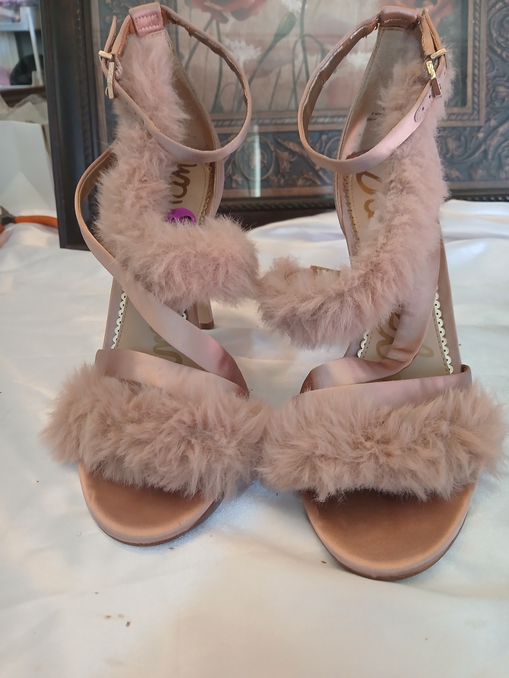 Sam Edelman "ADELLE" Blush Pink Faux Fur Strap High Heel Sandals 8.5